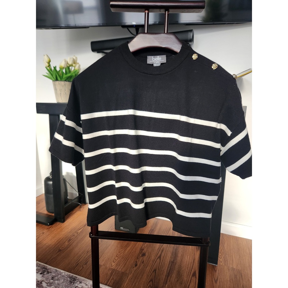 Belle by Belldini Womens Black White Striped Short Sleeve Sweater Gold Buttons L